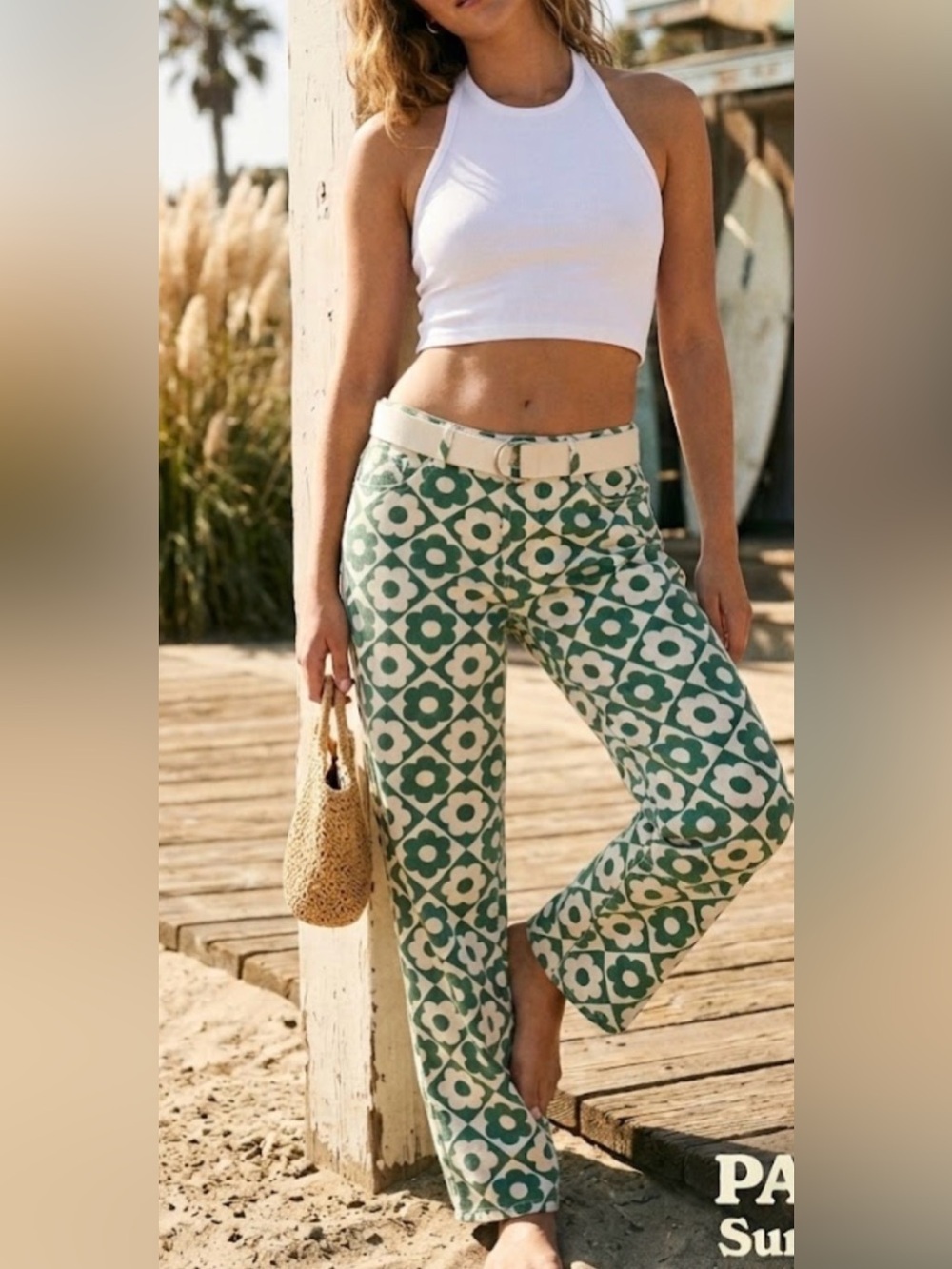 PacSun Green and Cream Floral Tile High Rise Straight Leg Jeans